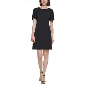 Tommy Hilfiger Black Knee-Length Shift Dress W Short Pleated Chiffon Sleeves 10